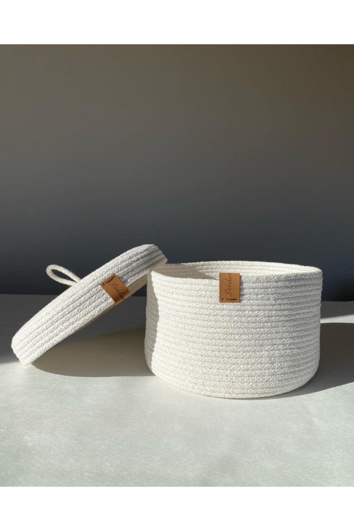 White Medium Size Multi-Purpose Basket with Lid, Cotton Basket, Decorative Basket, Wicker Basket, Cotton Rope - Swordslife