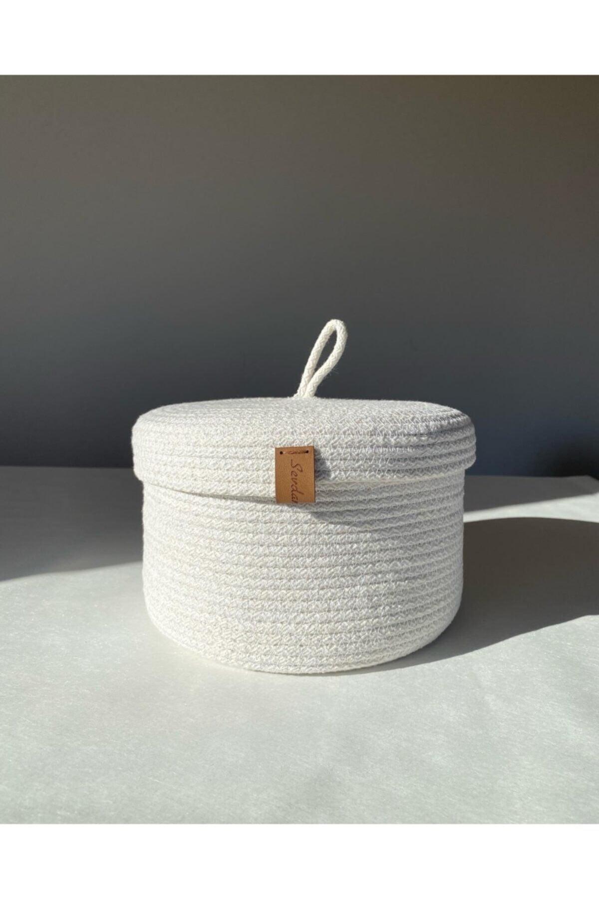 White Medium Size Multi-Purpose Basket with Lid, Cotton Basket, Decorative Basket, Wicker Basket, Cotton Rope - Swordslife