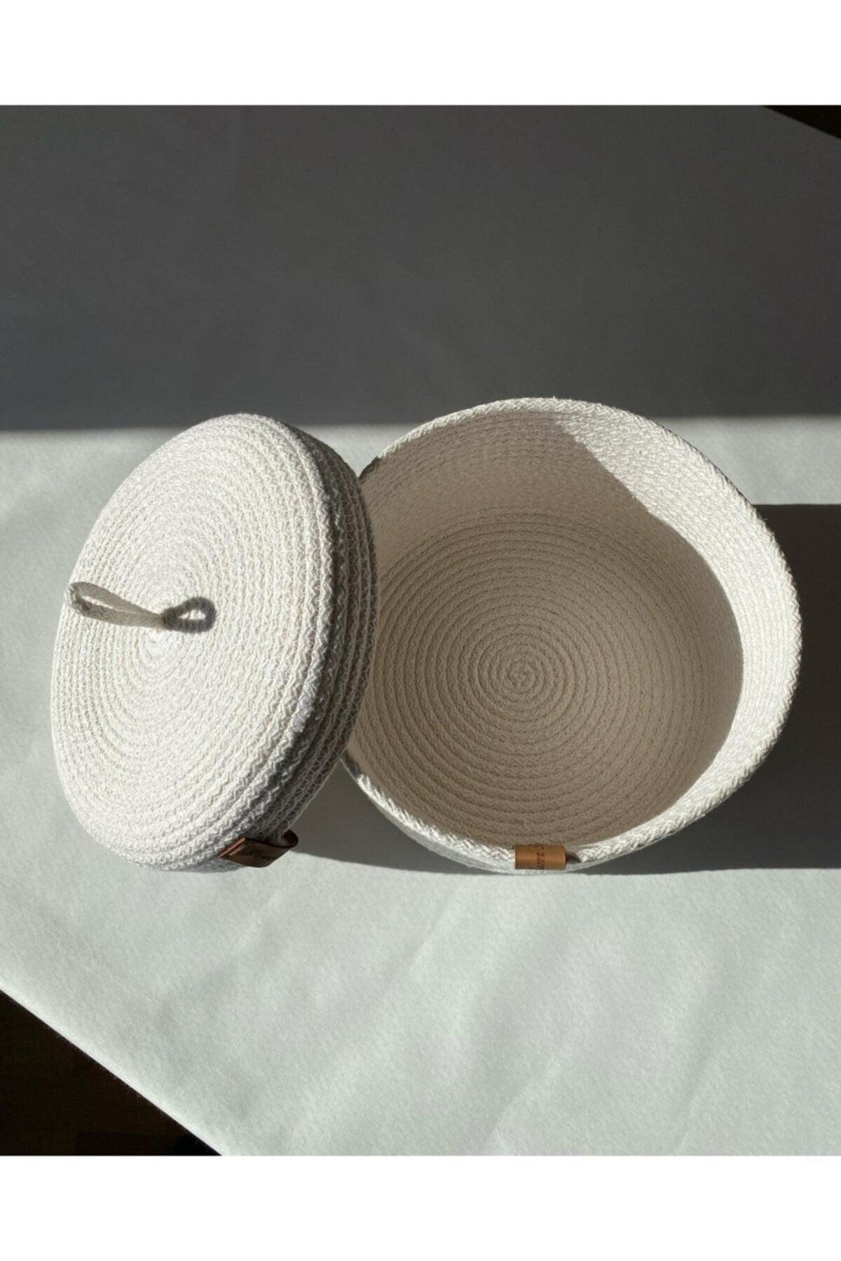 White Medium Size Multi-Purpose Basket with Lid, Cotton Basket, Decorative Basket, Wicker Basket, Cotton Rope - Swordslife