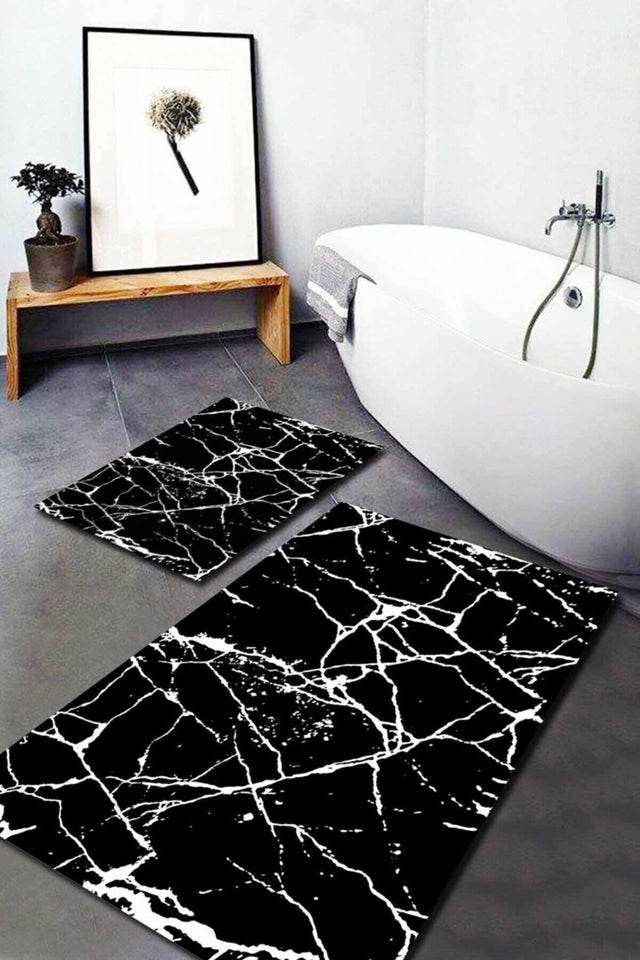 White Patterned Black Marble Patterned 2-Piece Carpet Set (60x100/40x60) - Wlly4 - Swordslife