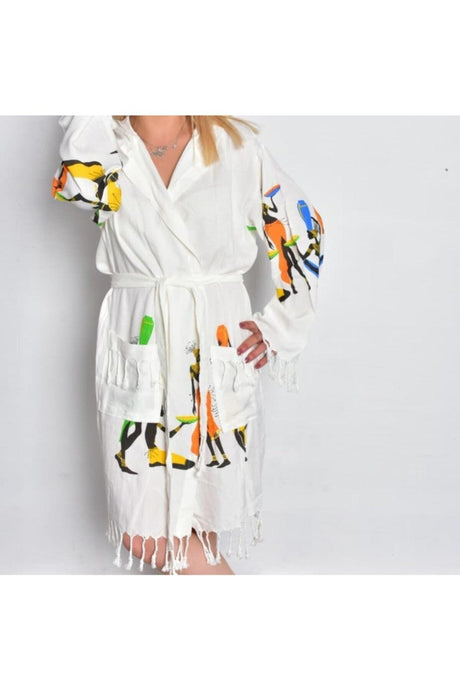 White White Bamboo Afro Printed Pattern Loincloth Bathrobe - Swordslife