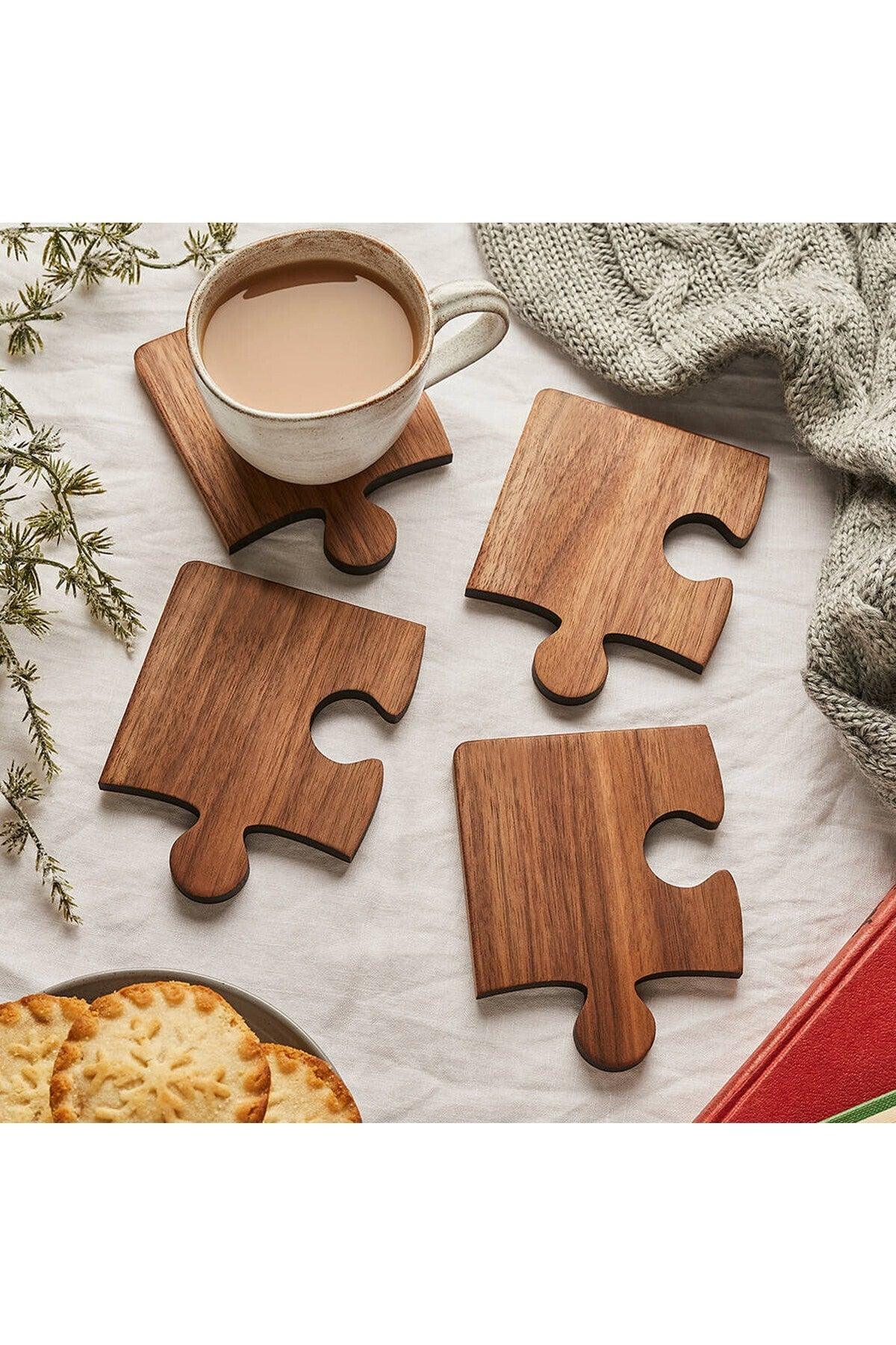 Wooden Patterned Puzzle Mdf Coaster Set of 4 10x10 Cm Desktop Decoration Item - Swordslife