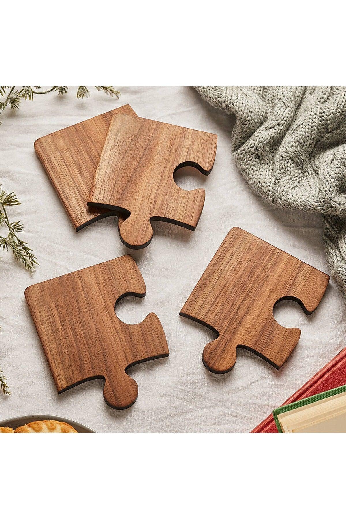 Wooden Patterned Puzzle Mdf Coaster Set of 4 10x10 Cm Desktop Decoration Item - Swordslife