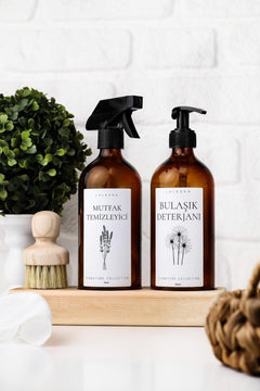 Amber glass bottle with wooden stand for dish soap and kitchen cleaner 500 ml