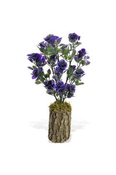 Purple rose artificial flower arrangement on wooden log 30 x 20 cm