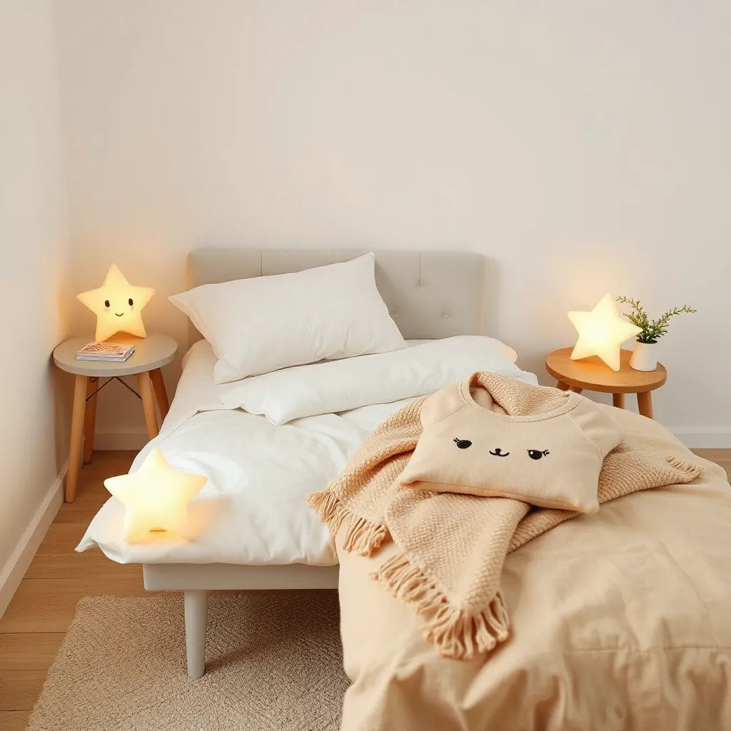 Cozy children’s bed with soft sleep accessories, a bedside night light, and warm bedtime lighting