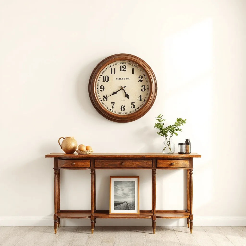 Vintage wall clock with aged wood frame and brass accents on a light wall in a softly lit room