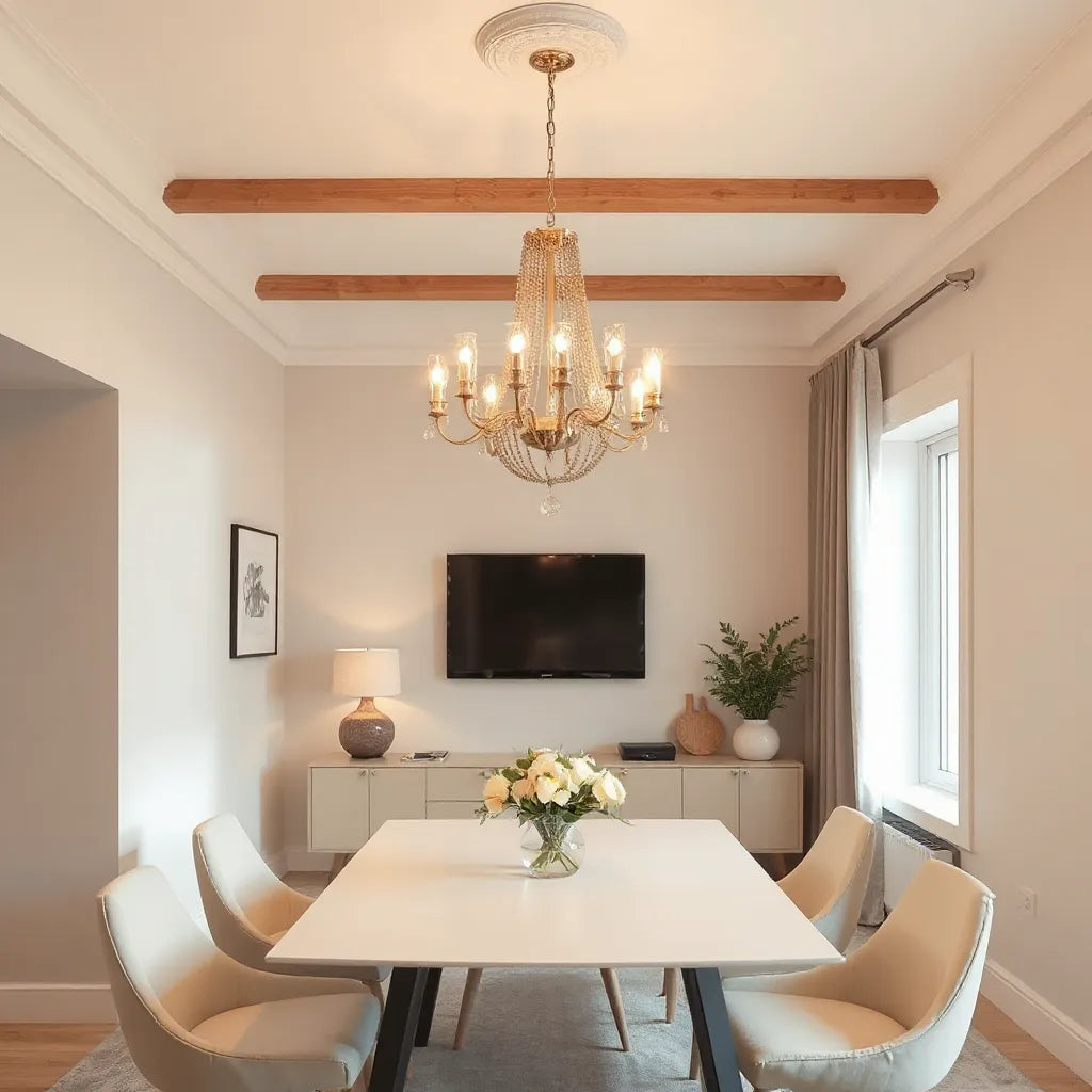 Decorative chandelier hanging above a dining table in a bright, modern living room