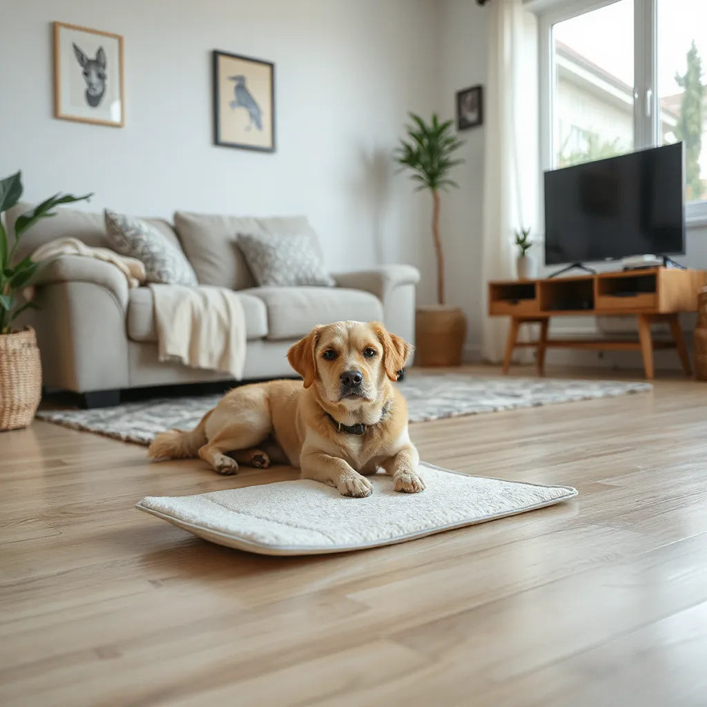 Leak-resistant dog pee pad laid neatly on a clean floor beside a small calm dog