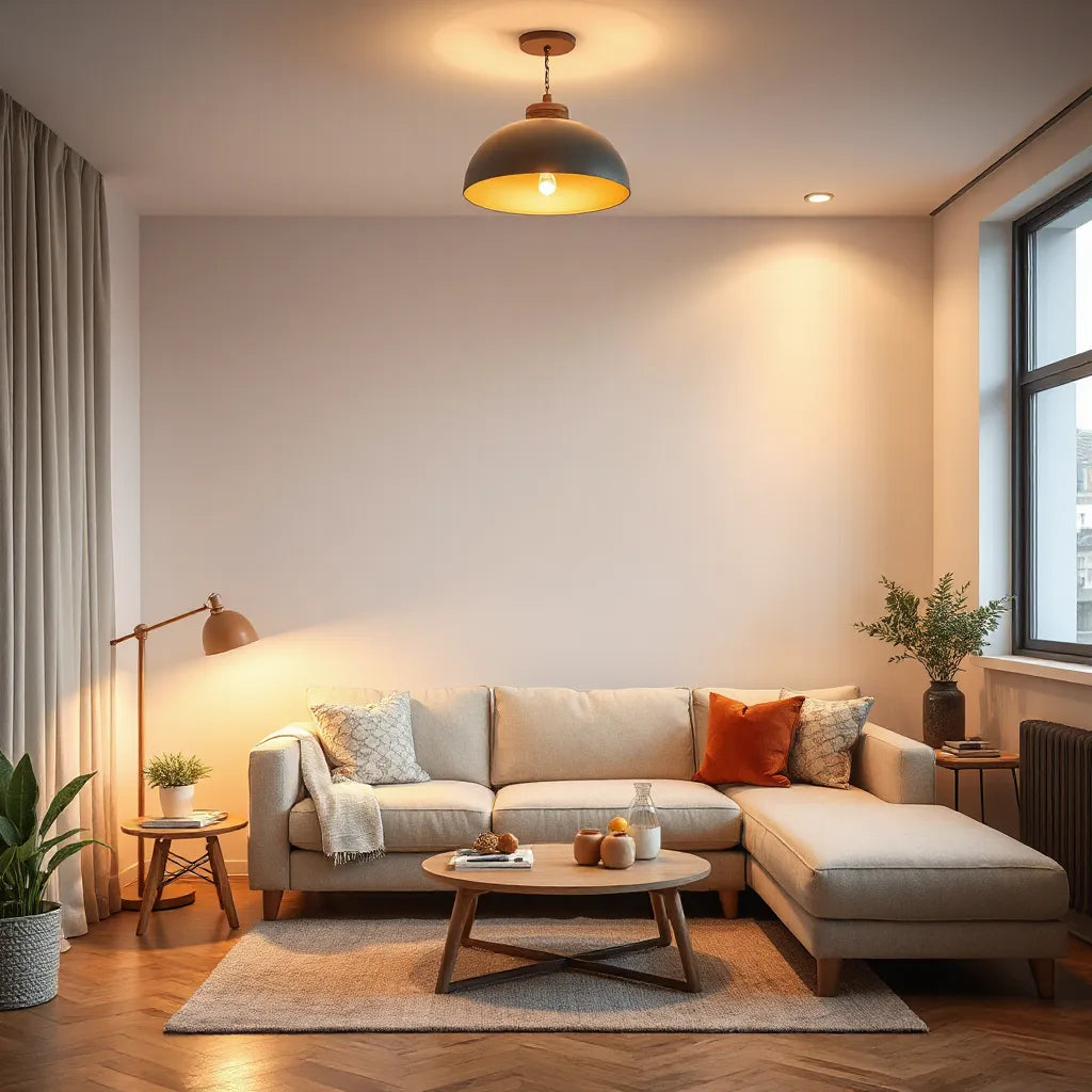 Warm layered lighting in a modern living room with pendant, floor lamp, and table lamp