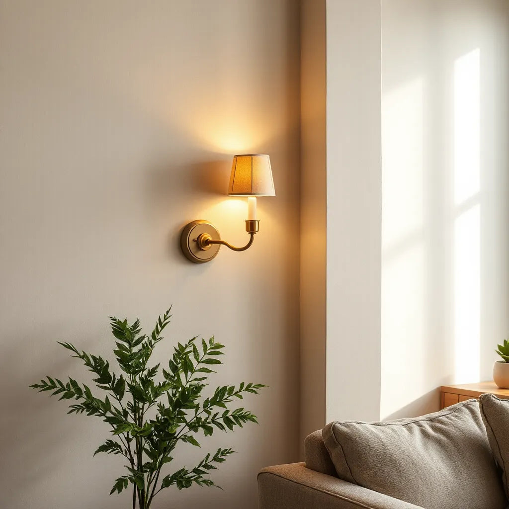 Warm-glowing decorative wall sconce mounted on a neutral wall in a cozy living room