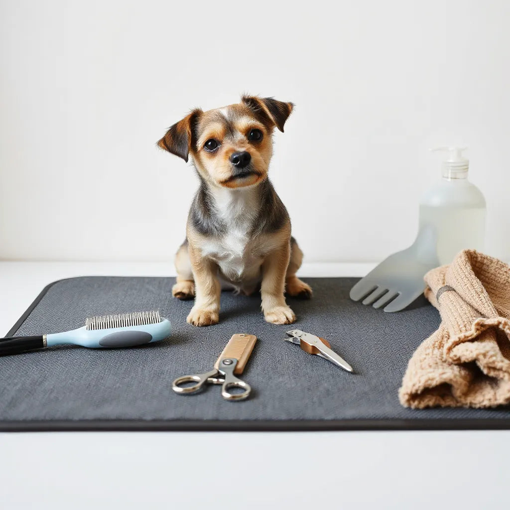Dog grooming tools and shampoo arranged beside a small dog on a grooming mat