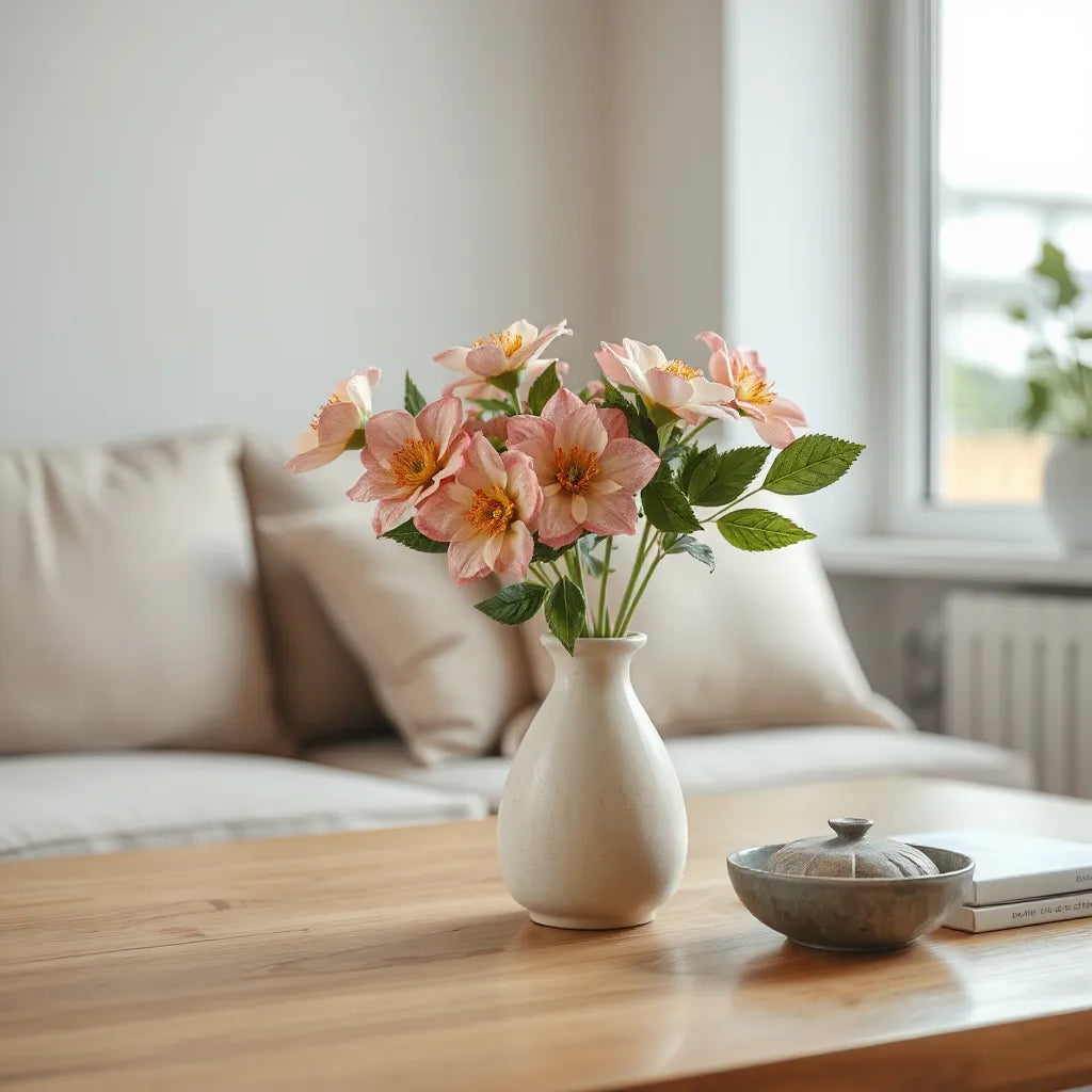 Lifelike artificial flowers in a simple vase on a bright living room tabletop