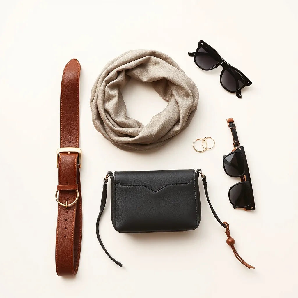 A neatly arranged set of leather and gold fashion accessories on a light background