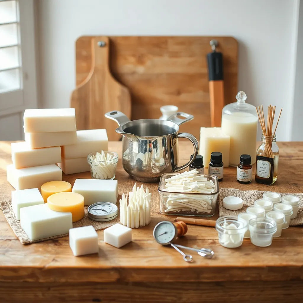 Candle making supplies laid out on a wooden workbench, including wax, wicks, tools, and fragrance oils
