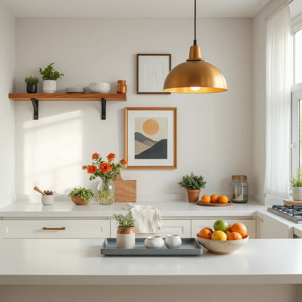 Bright kitchen interior styled with open shelves, warm lighting, and simple decor accents