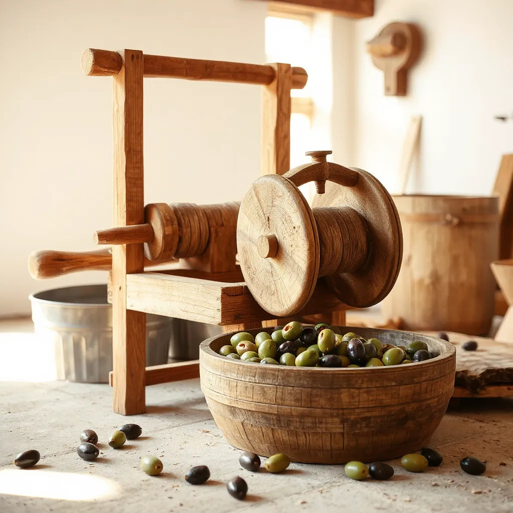Wooden olive crushing machine with rollers and a basin for pressing olives in a workshop