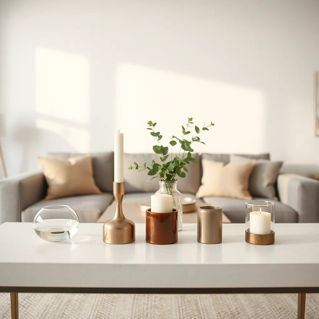 Elegant candle holders on a minimalist console table with warm neutral decor and greenery
