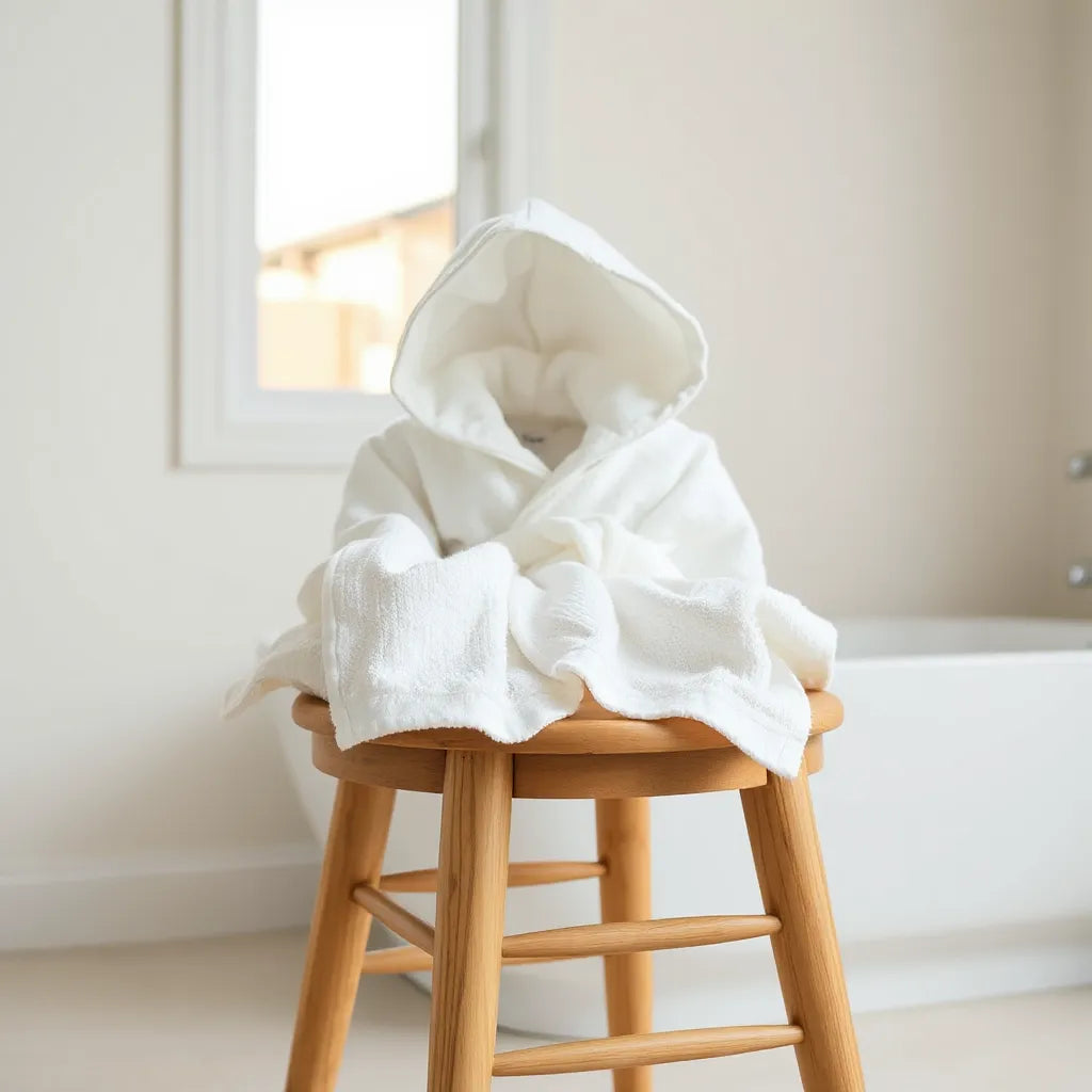 Soft baby bathrobe neatly folded on a towel with plush fabric texture visible in warm bathroom light