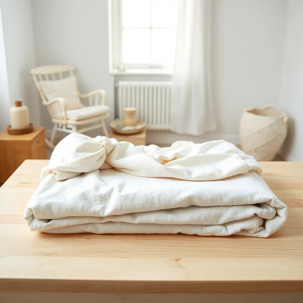 Neatly arranged baby sleep set with soft blanket and sheet on a changing table in a bright nursery