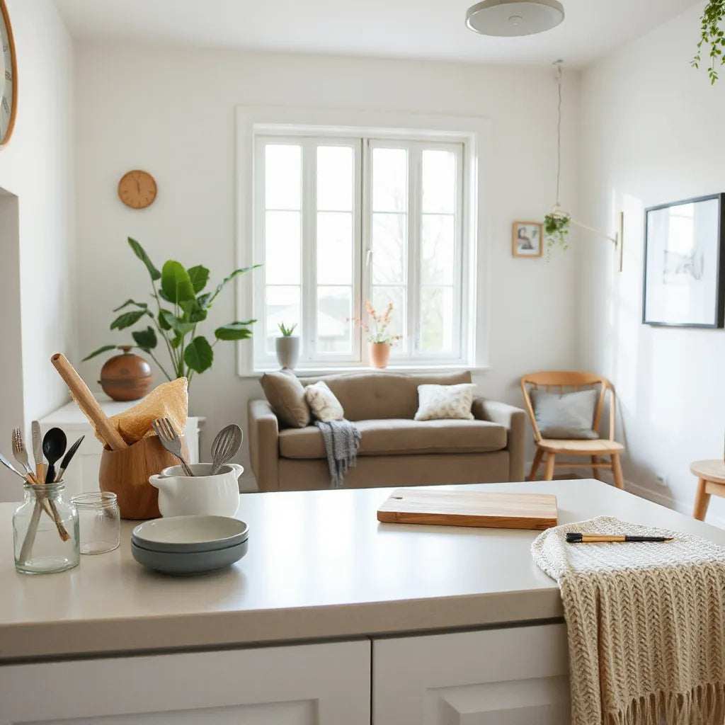 Clean kitchen counter with organized home and kitchen essentials beside a cozy living room accent