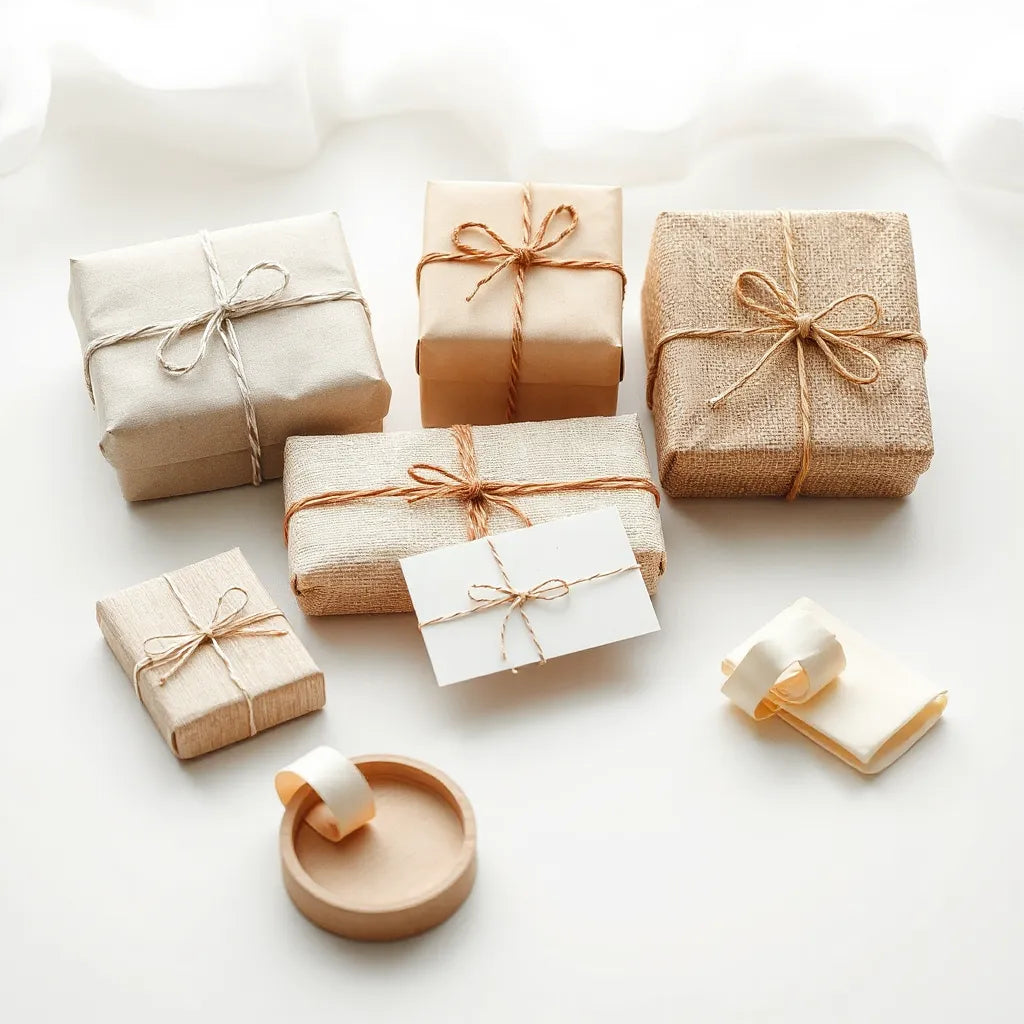 Individually wrapped gift boxes with ribbons and a small handwritten card on a minimalist table