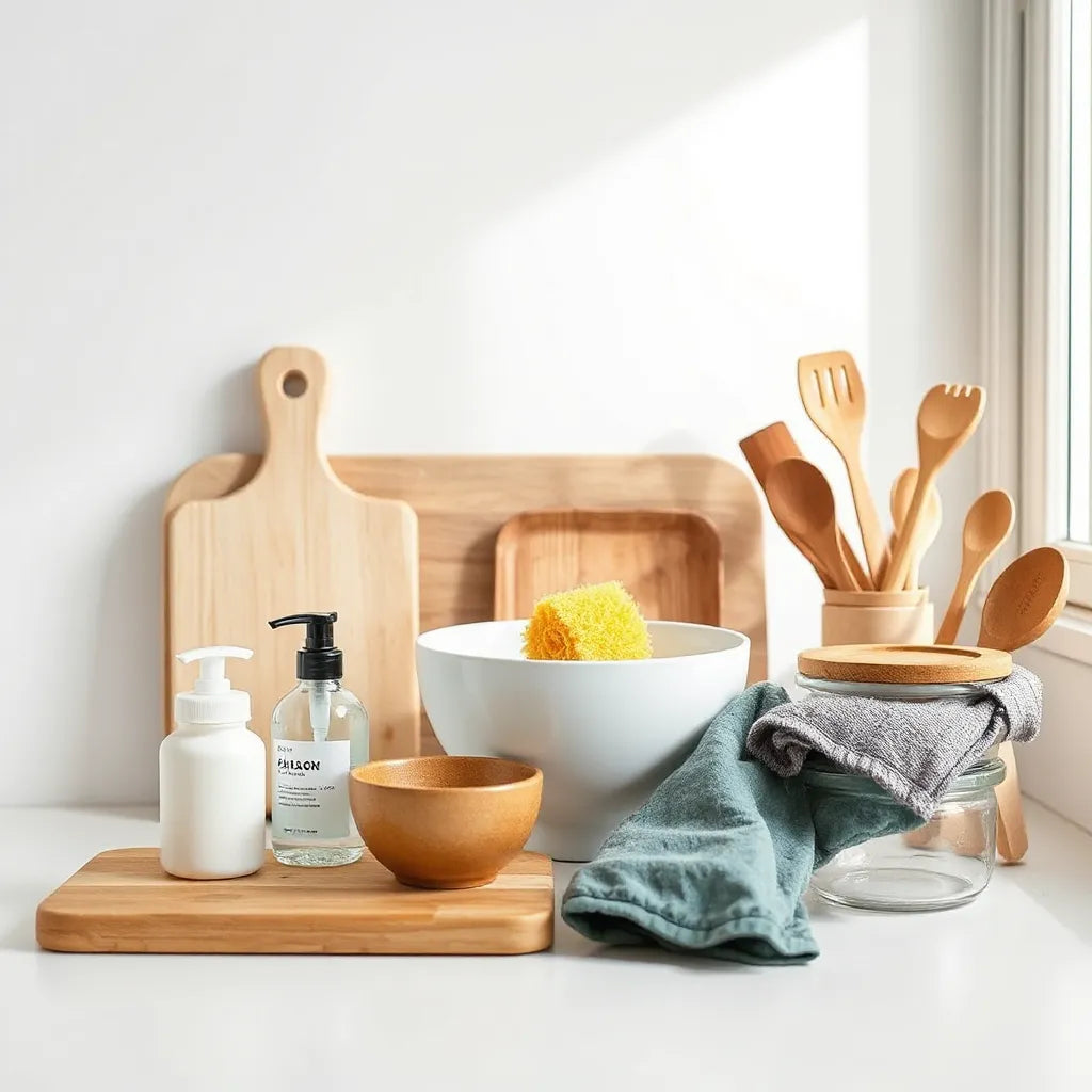 Neatly arranged everyday kitchen tools on a bright counter with storage containers and utensils
