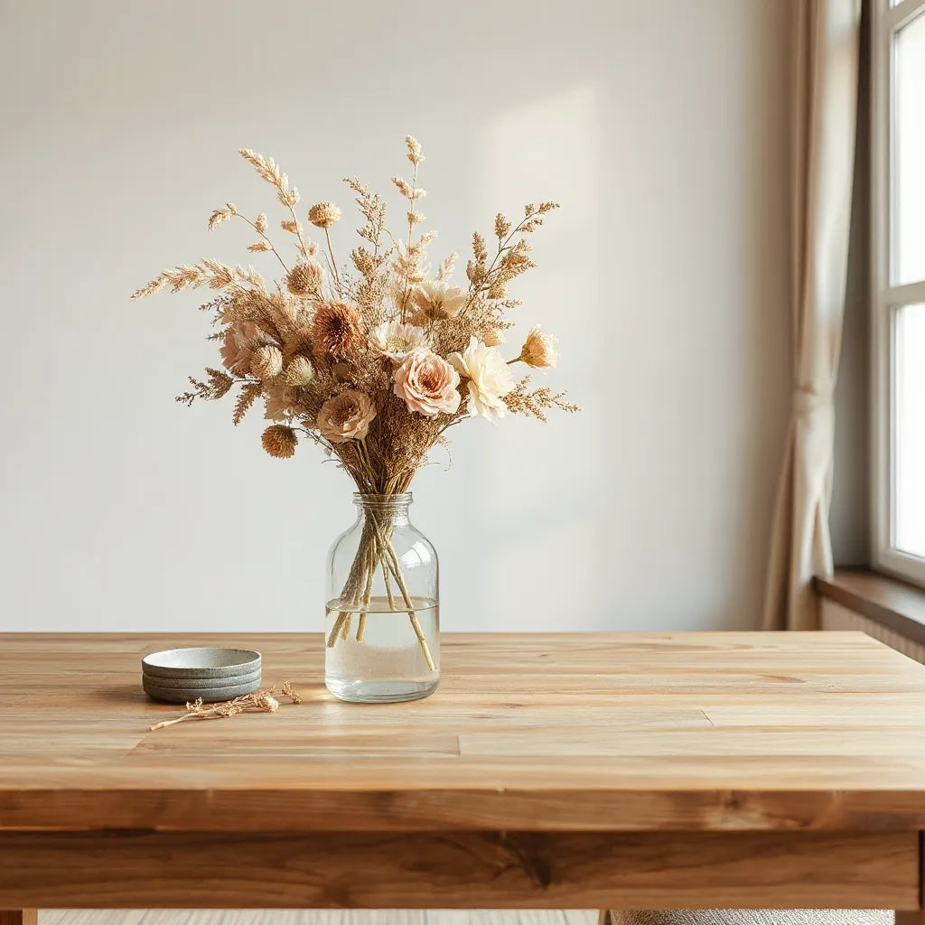 Warm-toned dried flower arrangements in a simple vase on a wooden table in soft daylight