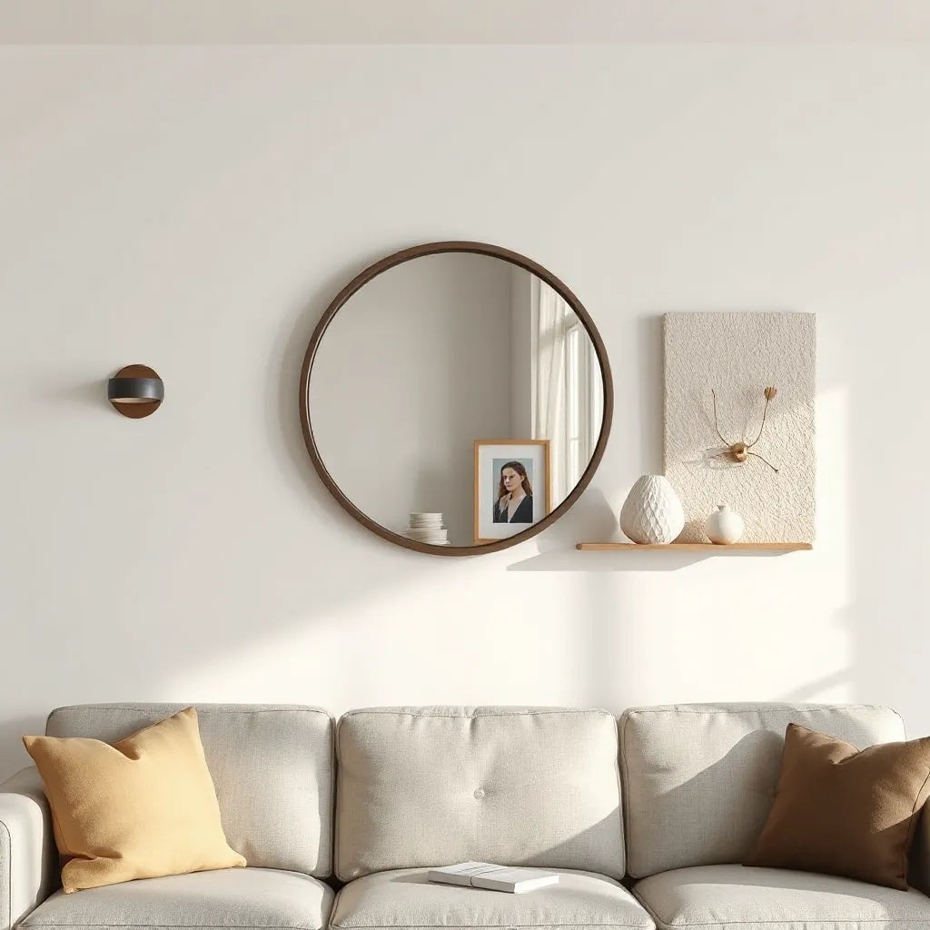 A modern wall display featuring a framed mirror, photos, and minimalist decor pieces