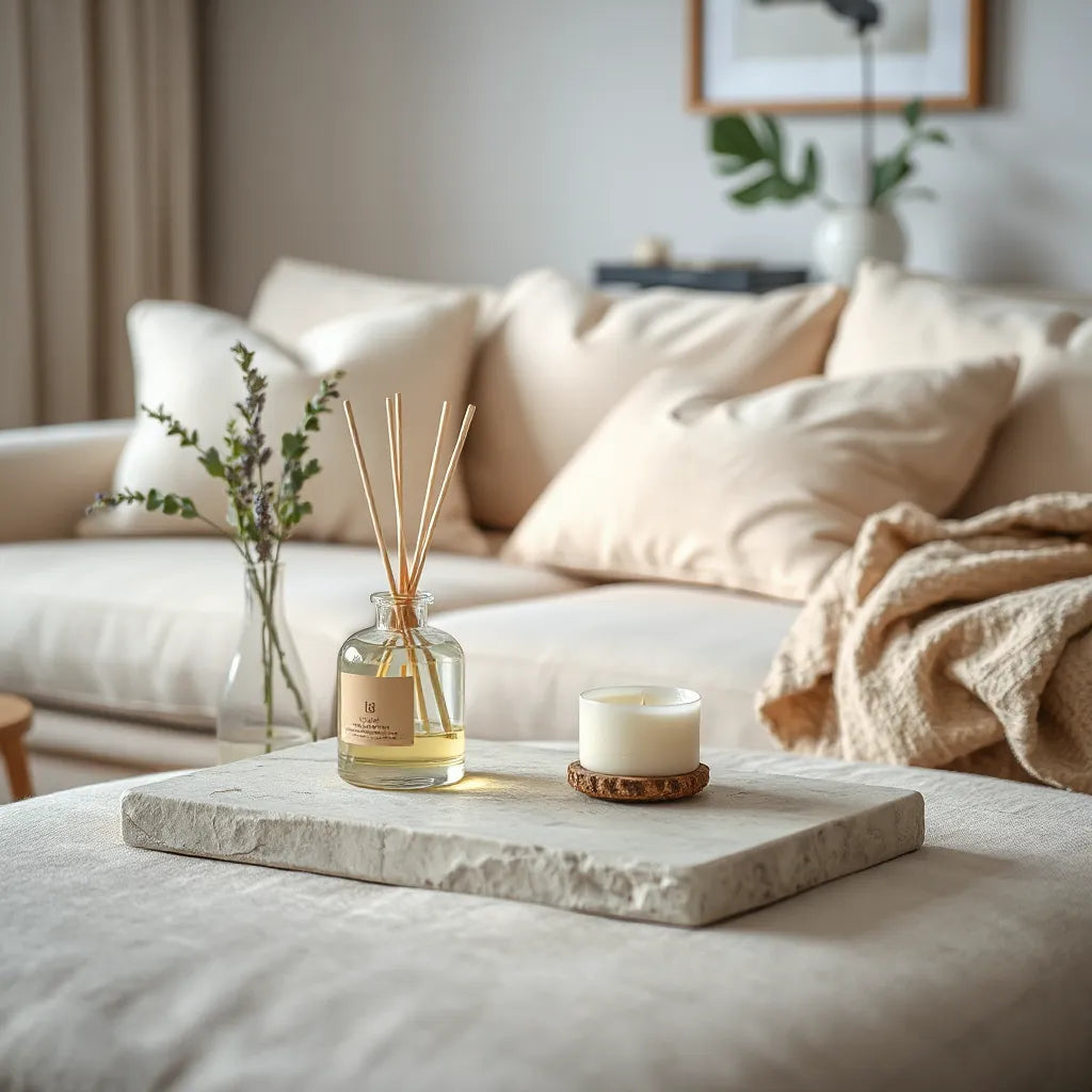 Scented diffuser and candle on a tray in a warm, elegant living room with subtle botanicals