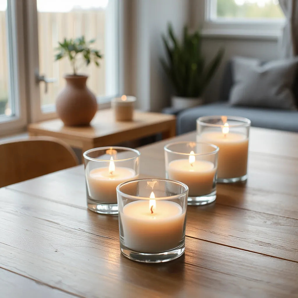Glass candles with steady flames on a wooden table under soft window light