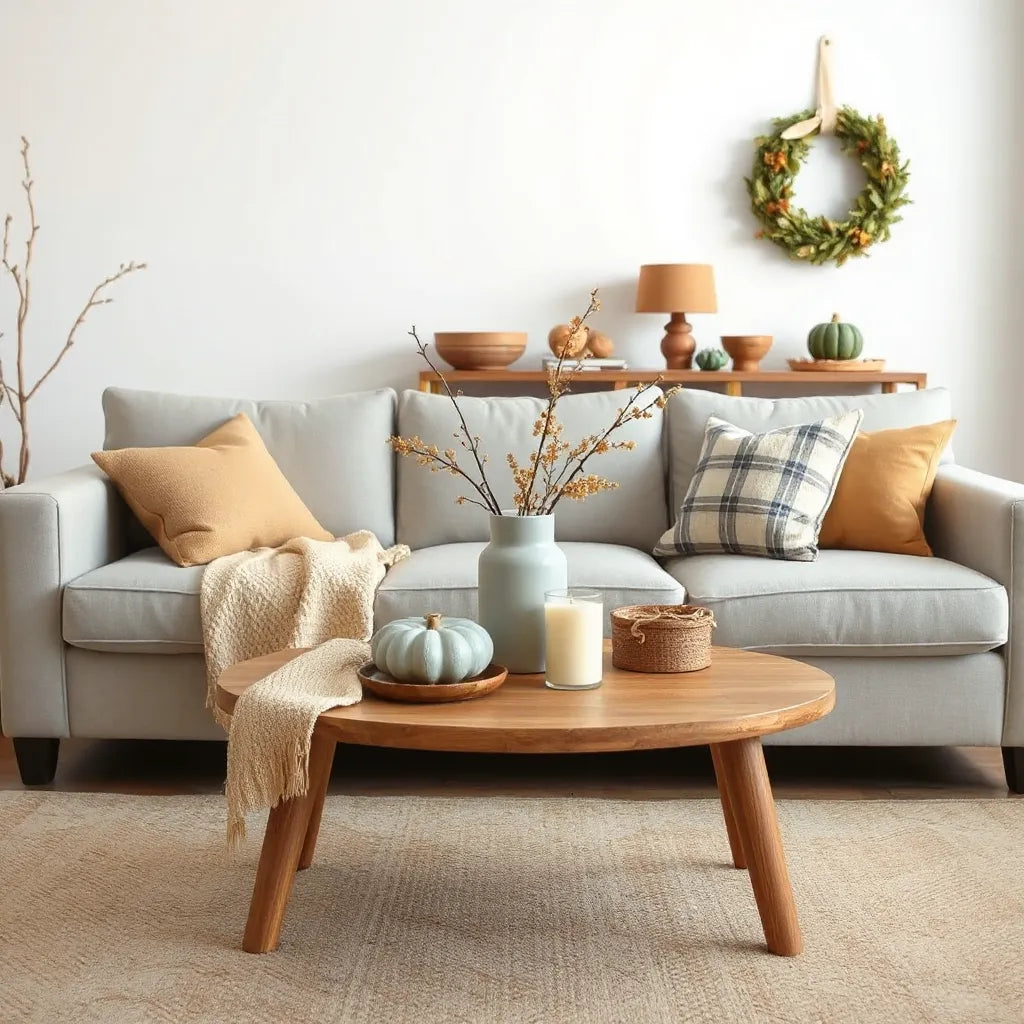 Living room styled with seasonal throw, candle, and small decor accents for a warm seasonal refresh