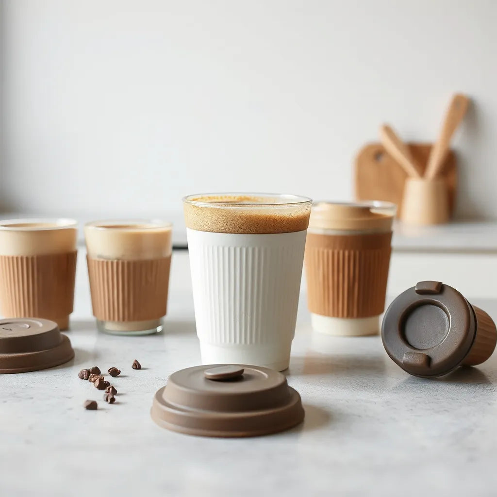 Assorted coffee cups with lids and warm drinks on a minimalist kitchen counter