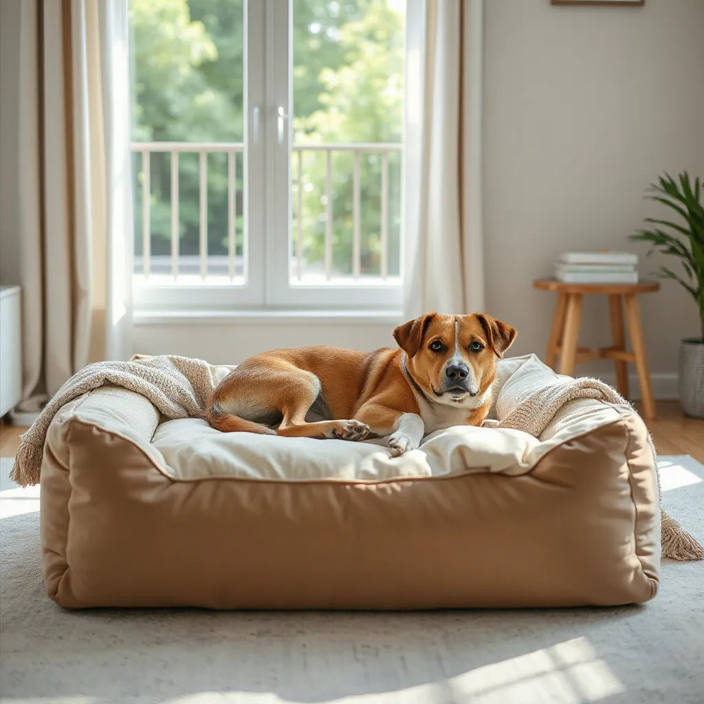 Plush orthopedic dog bed with a calm dog resting in a bright modern living room