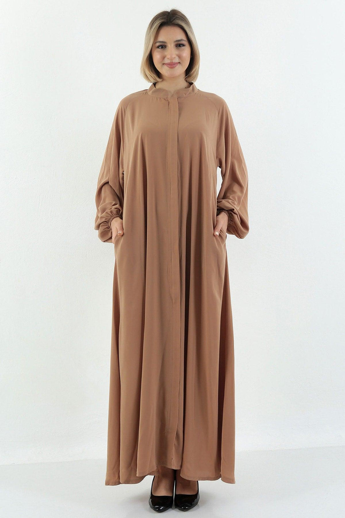 Almond Patties Zippered Belted Abaya Hijab With Pockets - Swordslife