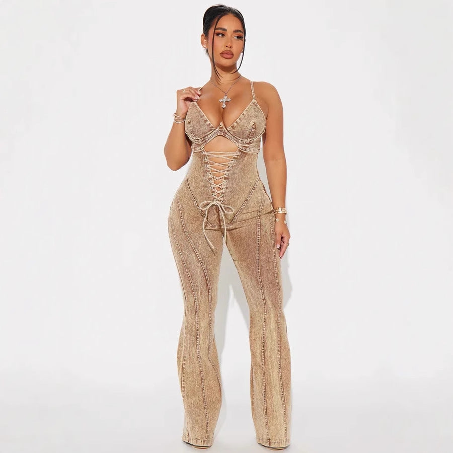 Chic Lace-Up Denim Jumpsuit with Hollowed-Out Waist