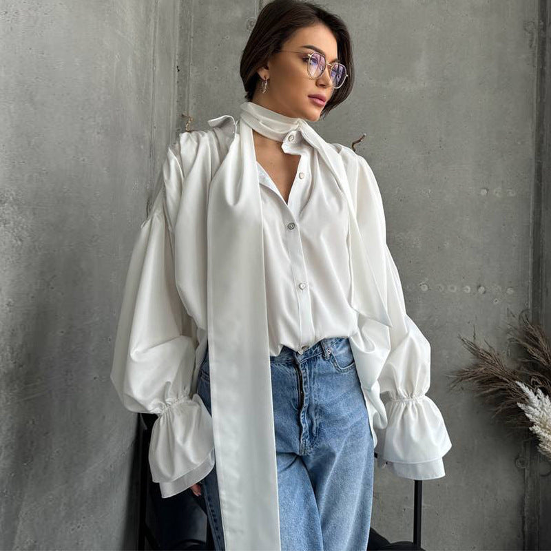 Niche V-neck Lace-up Solid Color Flare Sleeve Shirt Top