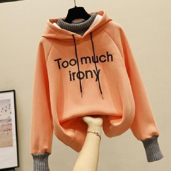 Fleece-Lined Letter Print Fake Two-Piece Hooded Sweatshirt