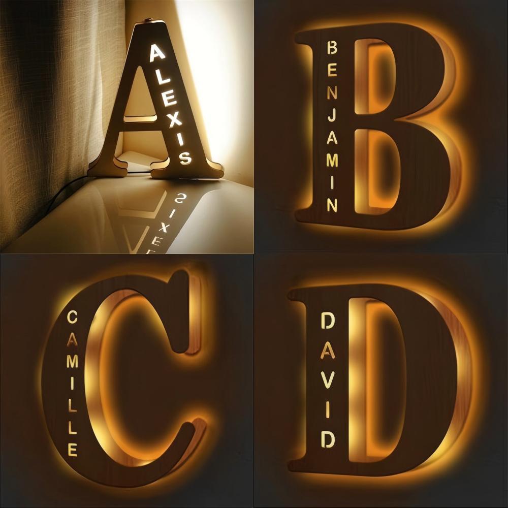 [Personalized Night Light] Customized 26 Letters Wooden Night Light | Personalized Carved Name Letter Lamp, USB Powered LED Light, Bedroom, Wedding, Birthday Wall Decoration, Best Gift for Easter…