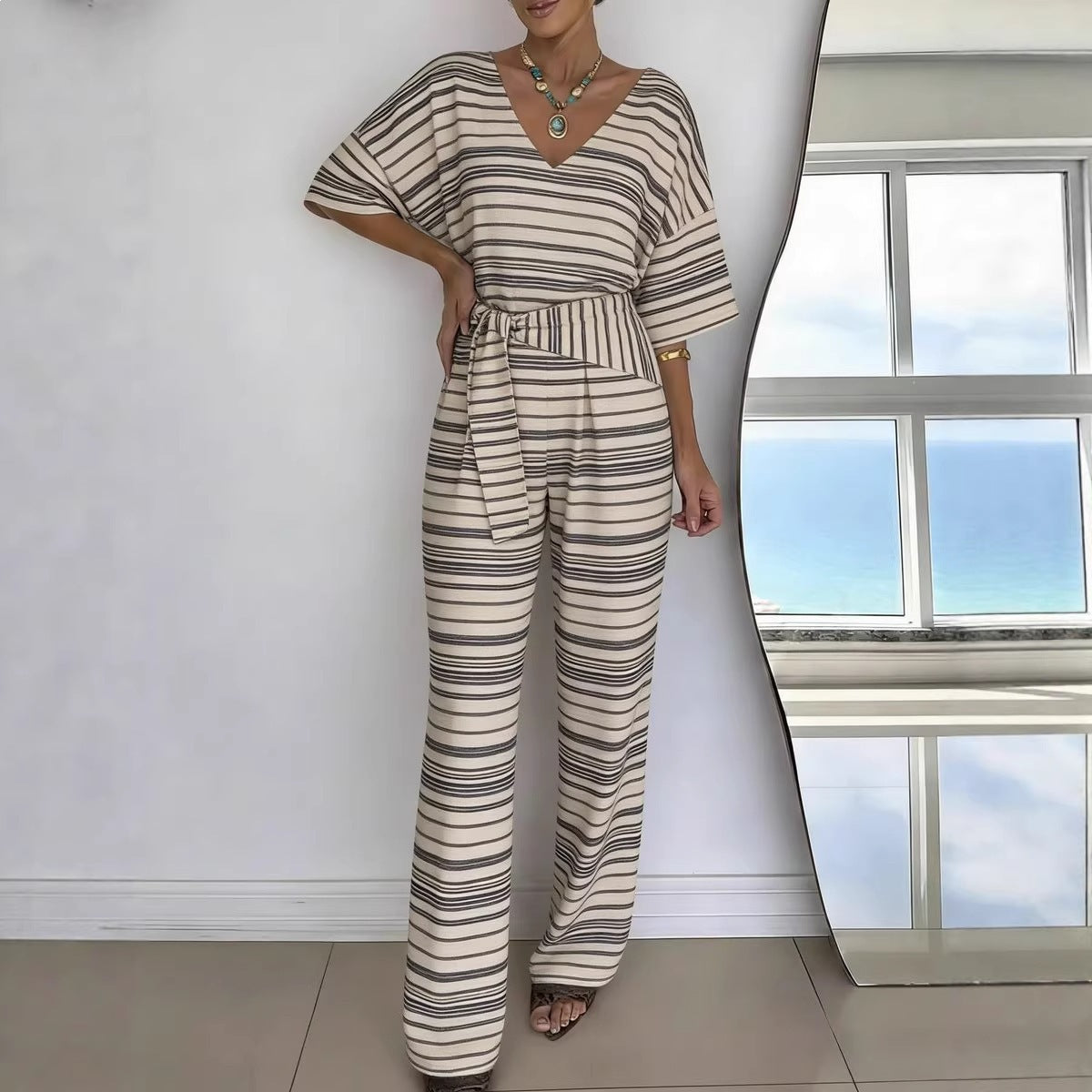 Chic V-Neck Belted Casual Jumpsuit