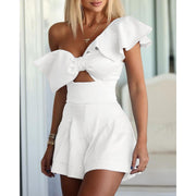 One-Shoulder Bow Ruffled Romper Shorts