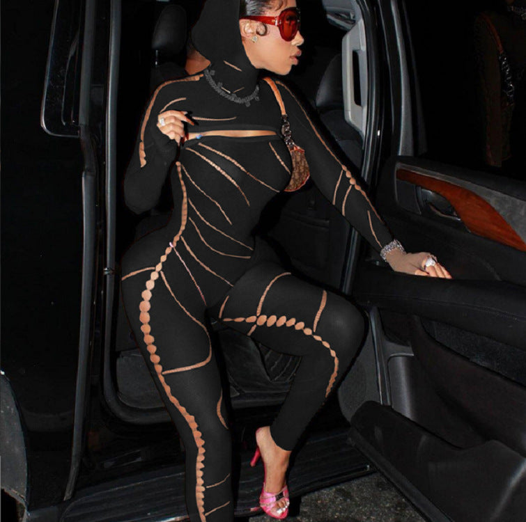 Sexy Lace Hollow-Out Hooded Romper & High-Waist Tights