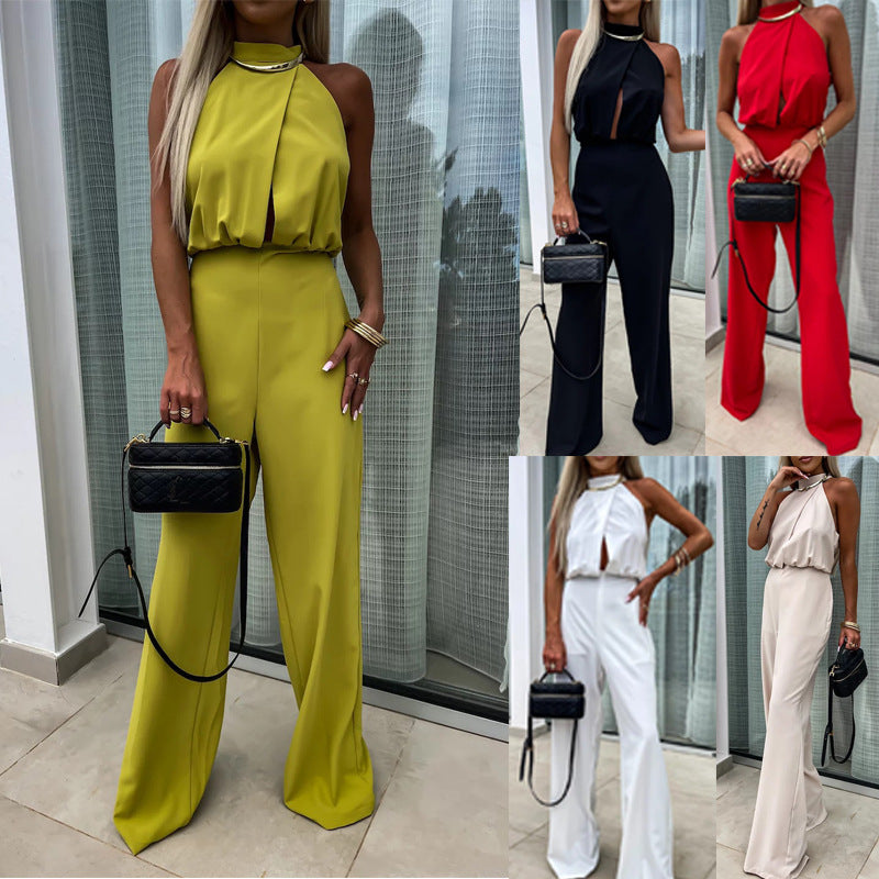 Chic High-Waisted Backless Straight Jumpsuit