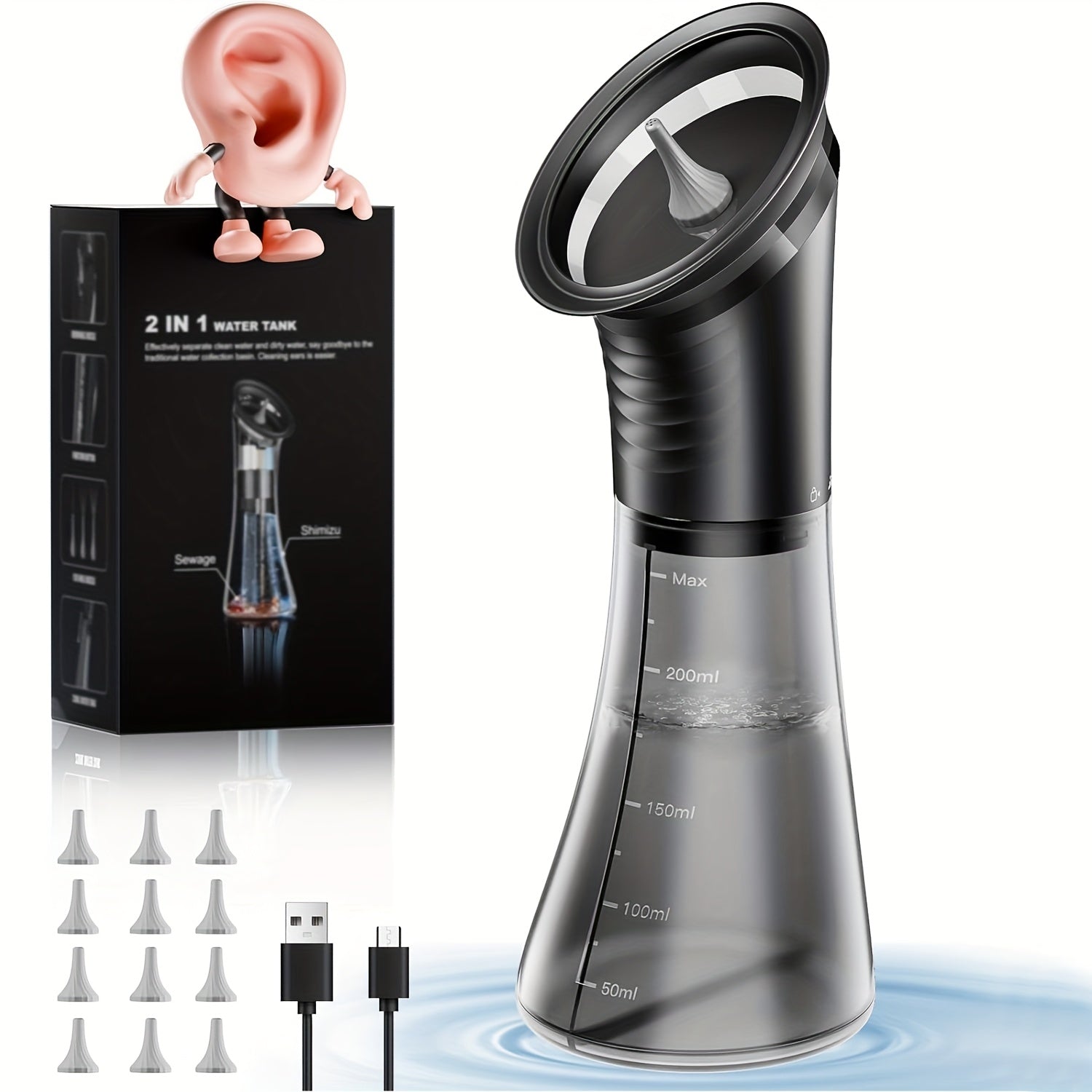 3-Speed Electric Ear Wax Removal System Pro | Hydraulic Ear Cleaner Kit with Water Temp Sensor & Visual Waste Tank - Rechargeable USB, Dry/Dirty Storage, Nozzle Belt, Medical-Grade Home Care