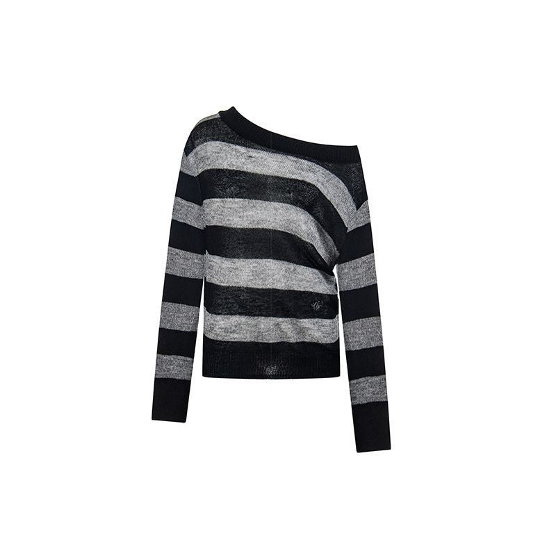 Retro Chic Off‑Shoulder Long‑Sleeve Tee for Women – Slim Fit, Black/Gray