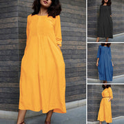 Long-sleeved Western-style Age-reducing Fashionable Round-neck Casual Dress with Pockets