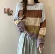 Womens Long-sleeve Knit Sweater with Colorful Stripes, Early Spring New Arrival