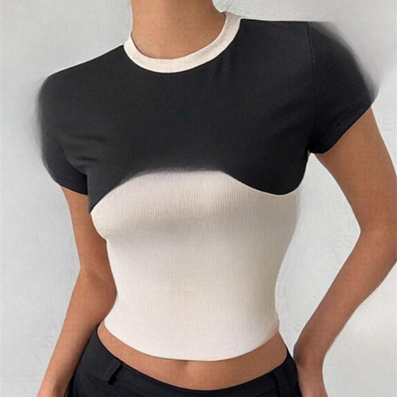 Color-Blocked Cropped Top – Slim Fit, Short Sleeve, Round Neck