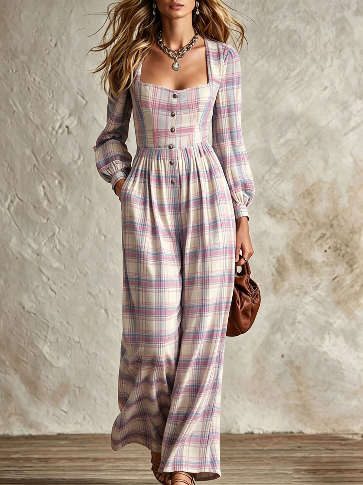 Womens Plaid Waist-Cinching Wide-Leg Jumpsuit