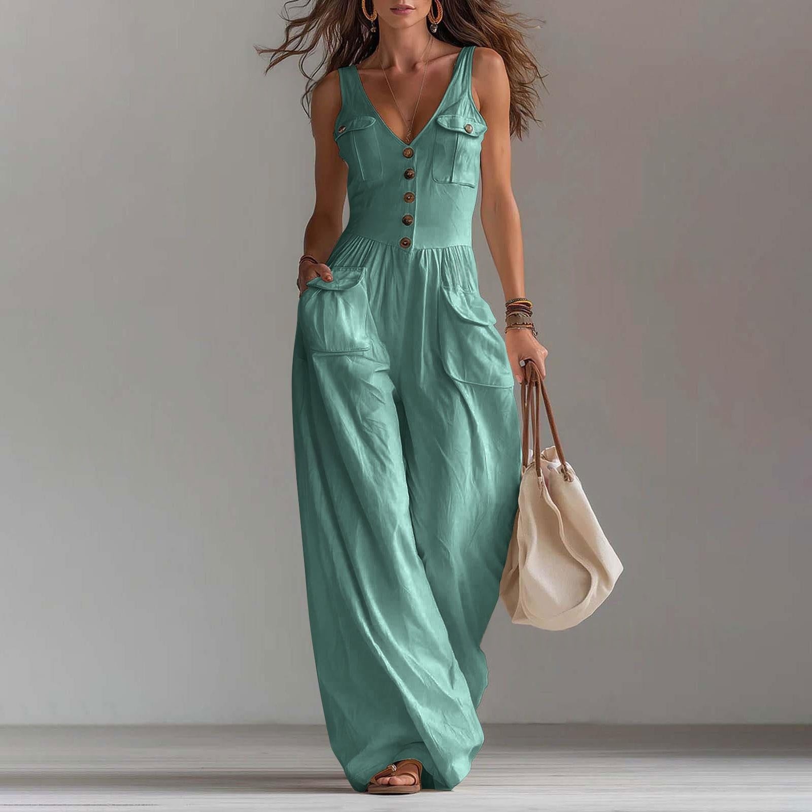 Casual Sleeveless Wide-Leg Jumpsuit with Pockets